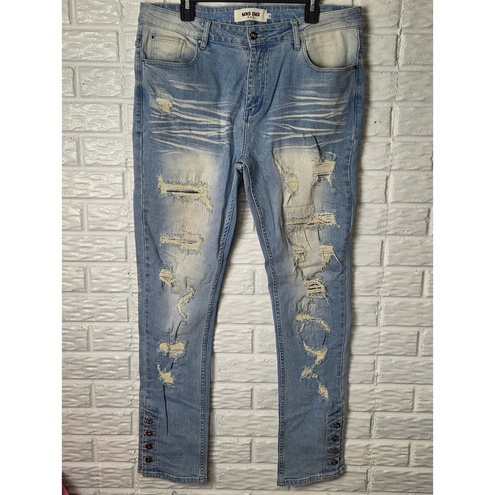 MND GMZ DNA jeans Men's sz 36x33 Distressed Bleached Trendy Stretch Button ankle